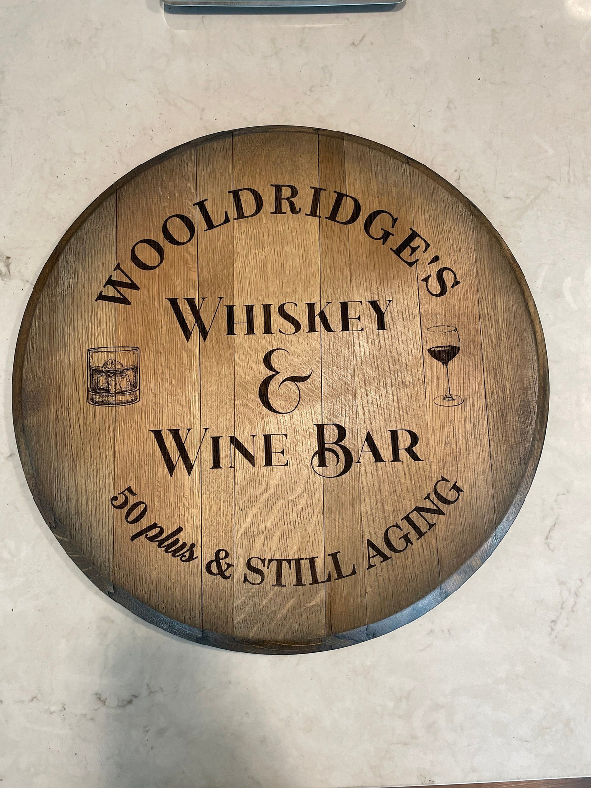 Custom Bourbon Barrel Bistro/Pub Table with Glass Insert – Personalized Engraving