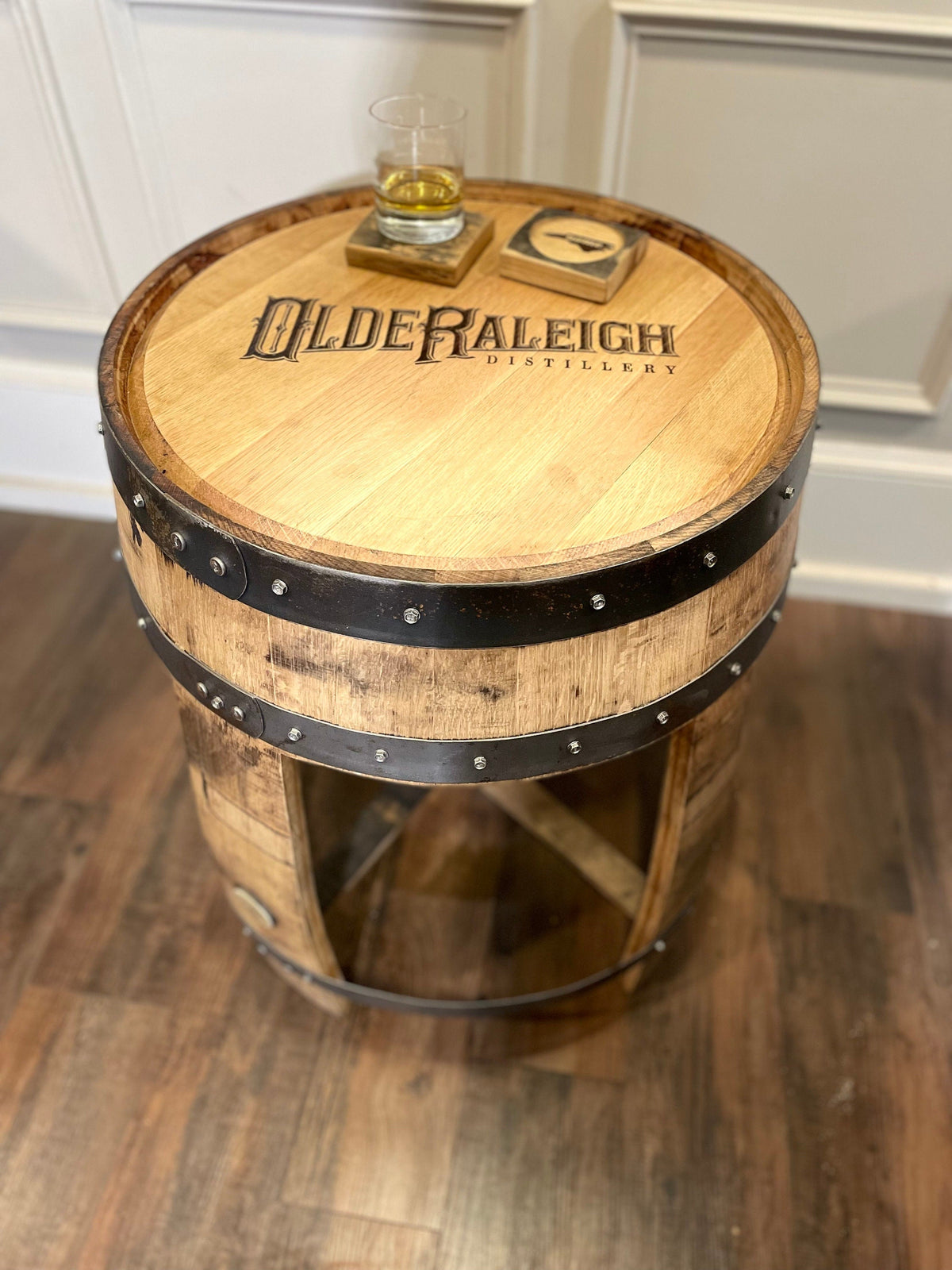 Whiskey Barrel End Table – Custom Engraved Bourbon Barrel Furniture