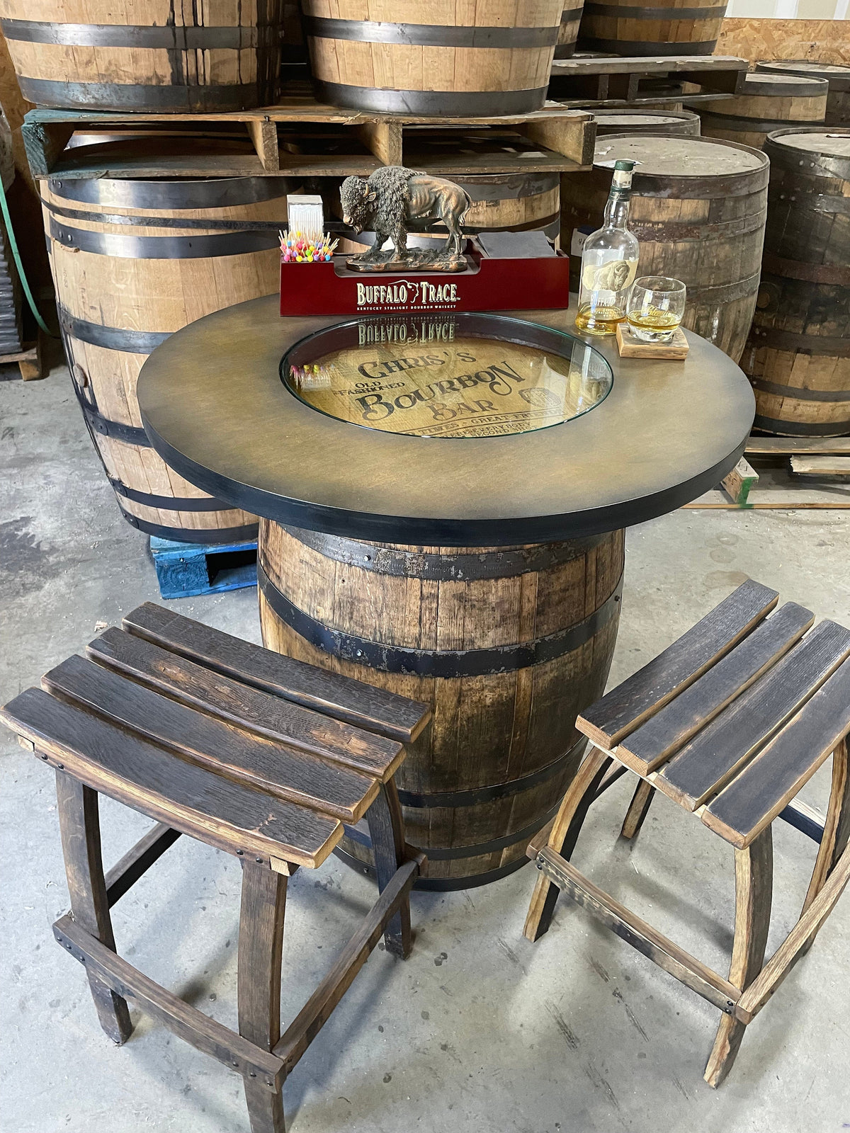 Custom Bourbon Barrel Bistro/Pub Table with Cabinet Base & Glass Insert
