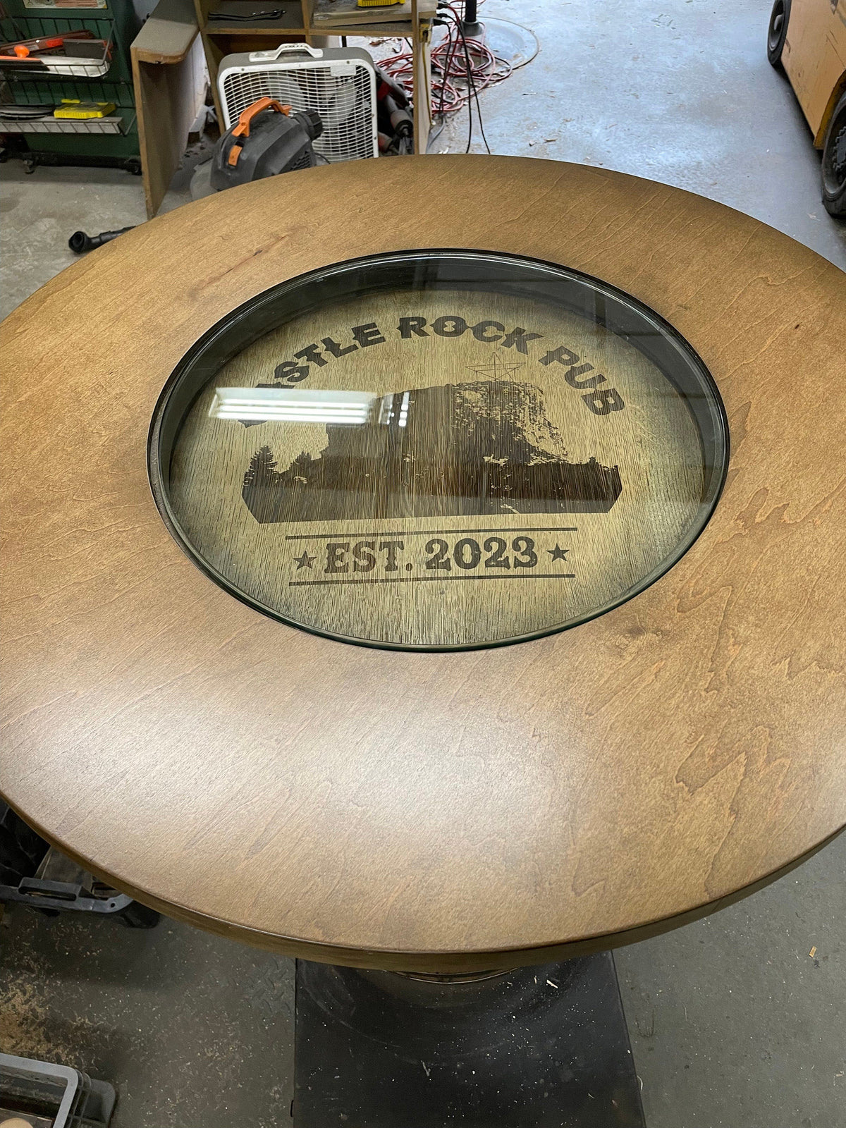 Custom Bourbon Barrel Bistro/Pub Table with Cabinet Base & Glass Insert