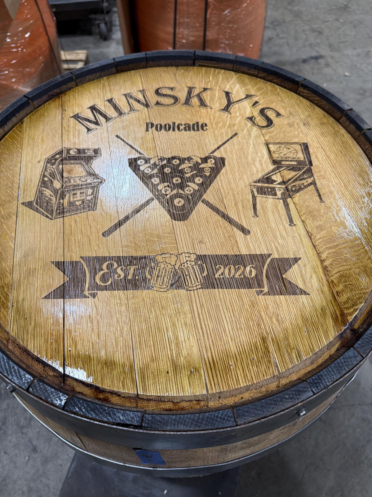 Custom Bourbon Barrel Bistro/Pub Table with Cabinet Base & Glass Insert