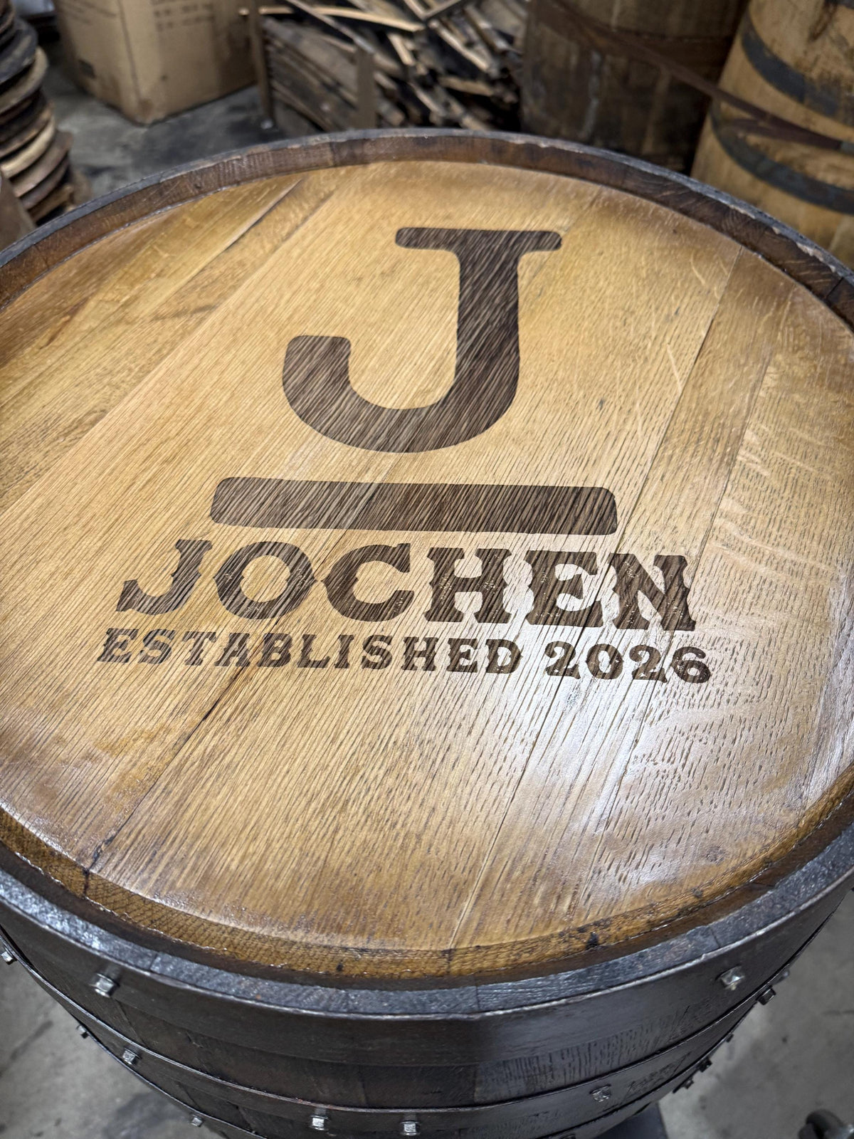 Custom Bourbon Barrel Bistro/Pub Table with Glass Insert – Personalized Engraving