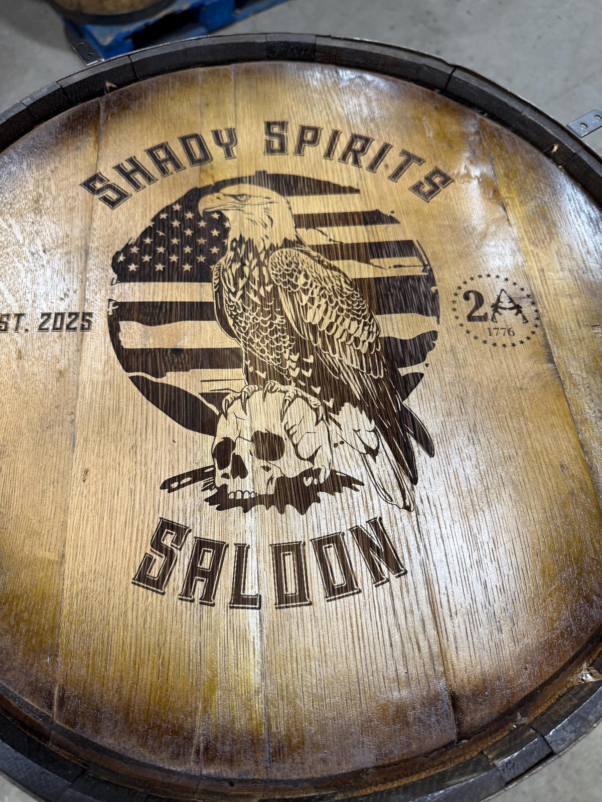 Custom Bourbon Barrel Bistro/Pub Table with Glass Insert – Personalized Engraving