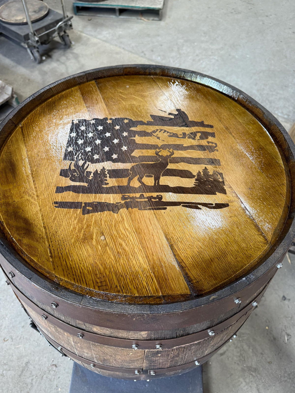 Custom Bourbon Barrel Bistro/Pub Table with Glass Insert – Personalized Engraving