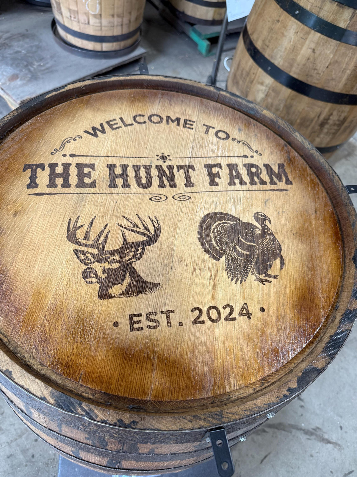 Custom Bourbon Barrel Bistro/Pub Table with Glass Insert – Personalized Engraving