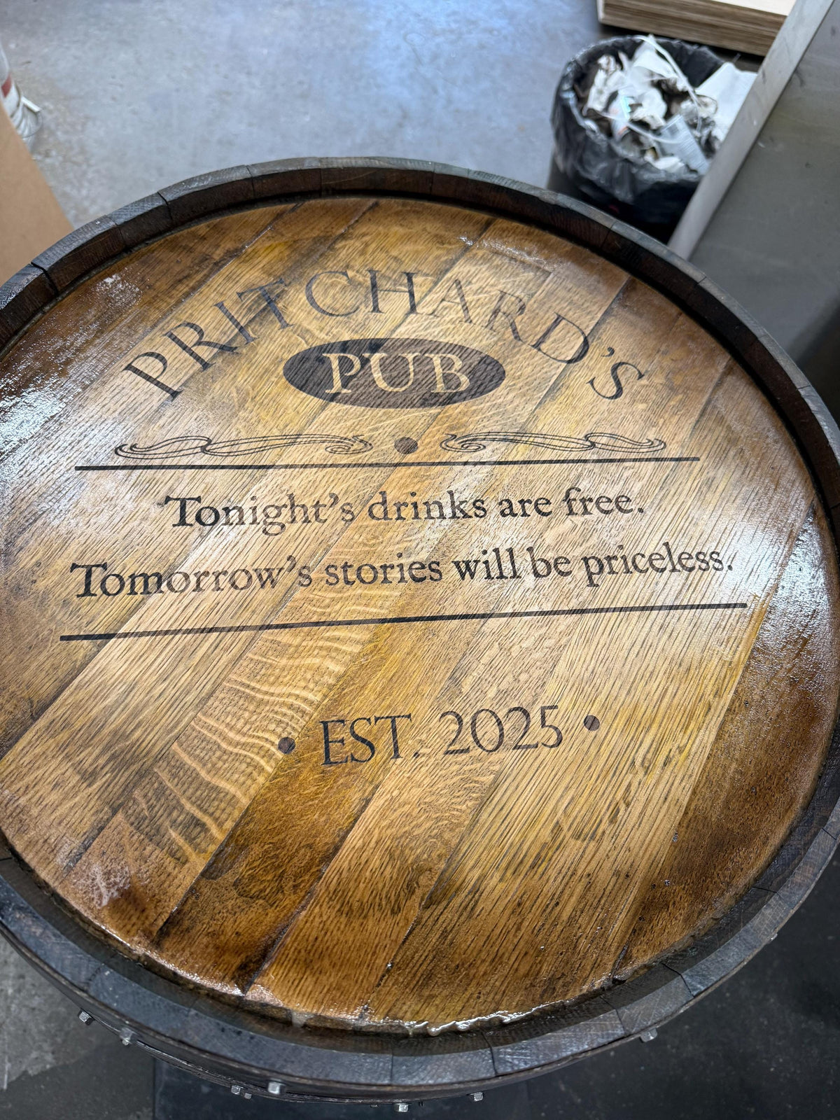 Custom Bourbon Barrel Bistro/Pub Table with Glass Insert – Personalized Engraving