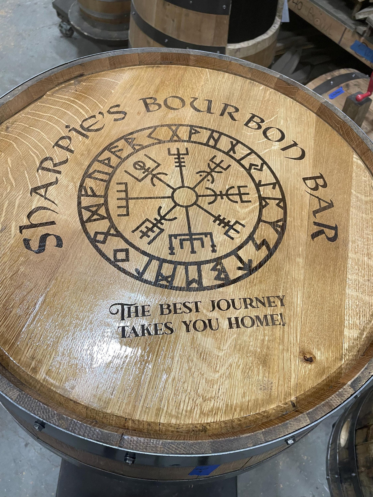 Custom Bourbon Barrel Bistro/Pub Table with Glass Insert – Personalized Engraving