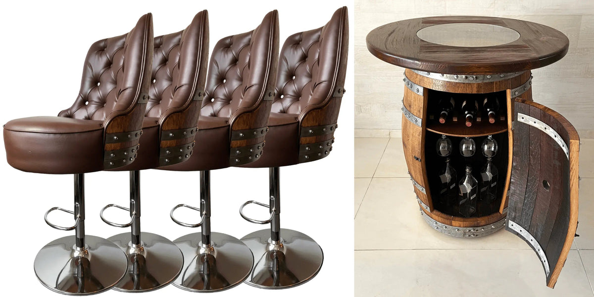 Whiskey & Wine Barrel Bar Set – Liquor Cabinet, Pub Table & Luxury Bar Stools