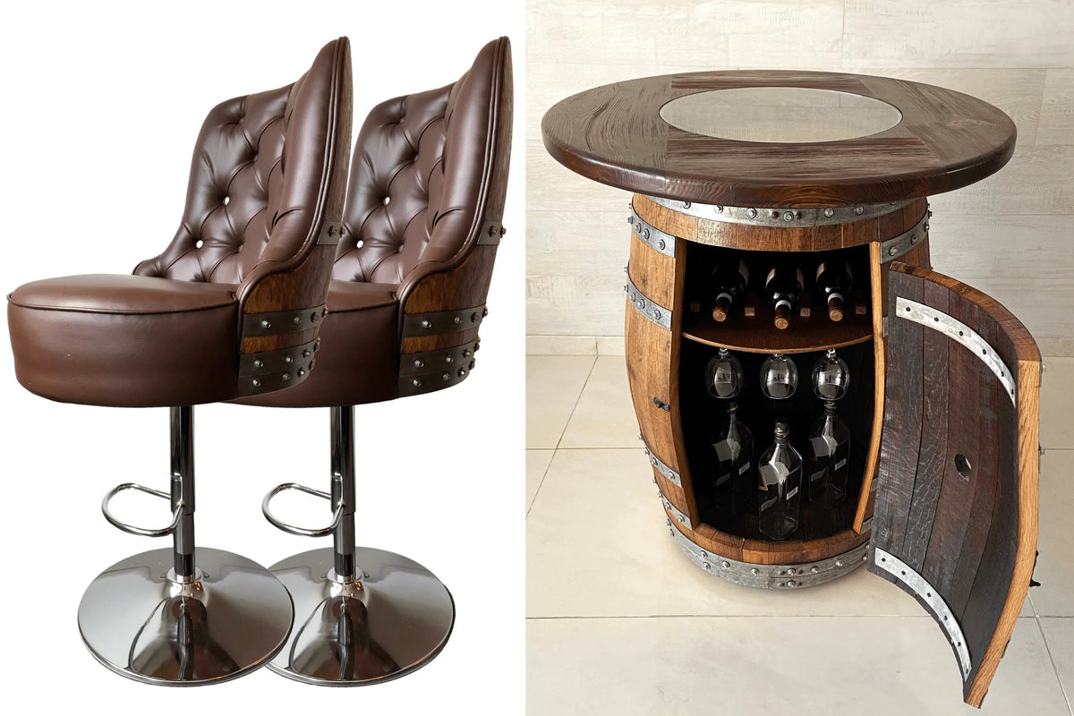 Whiskey & Wine Barrel Bar Set – Liquor Cabinet, Pub Table & Luxury Bar Stools