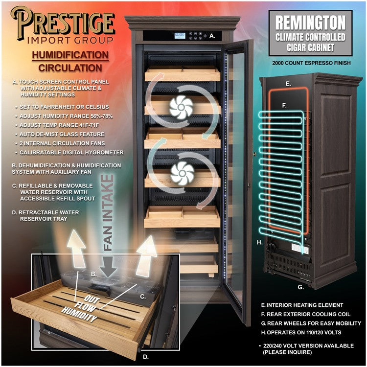 Remington Espresso Cigar Humidor – 2,000 Count Electric Climate-Controlled Cabinet