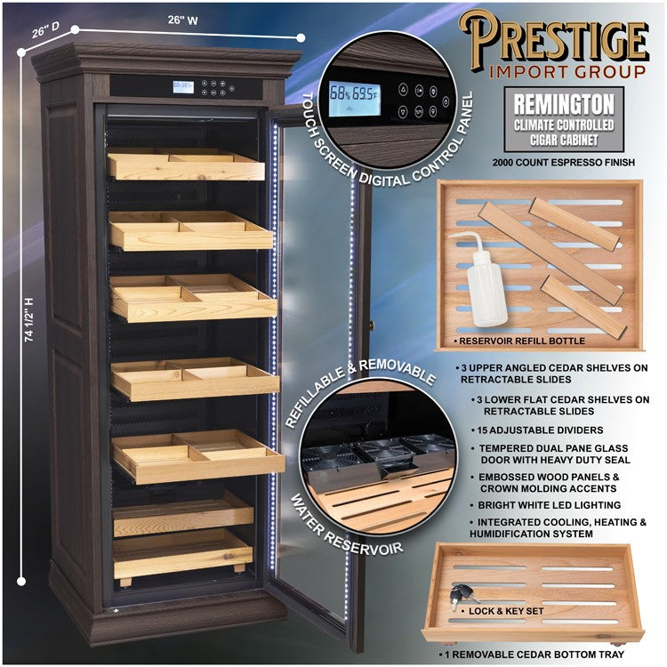 Remington Espresso Cigar Humidor – 2,000 Count Electric Climate-Controlled Cabinet