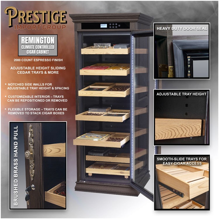 Remington Espresso Cigar Humidor – 2,000 Count Electric Climate-Controlled Cabinet