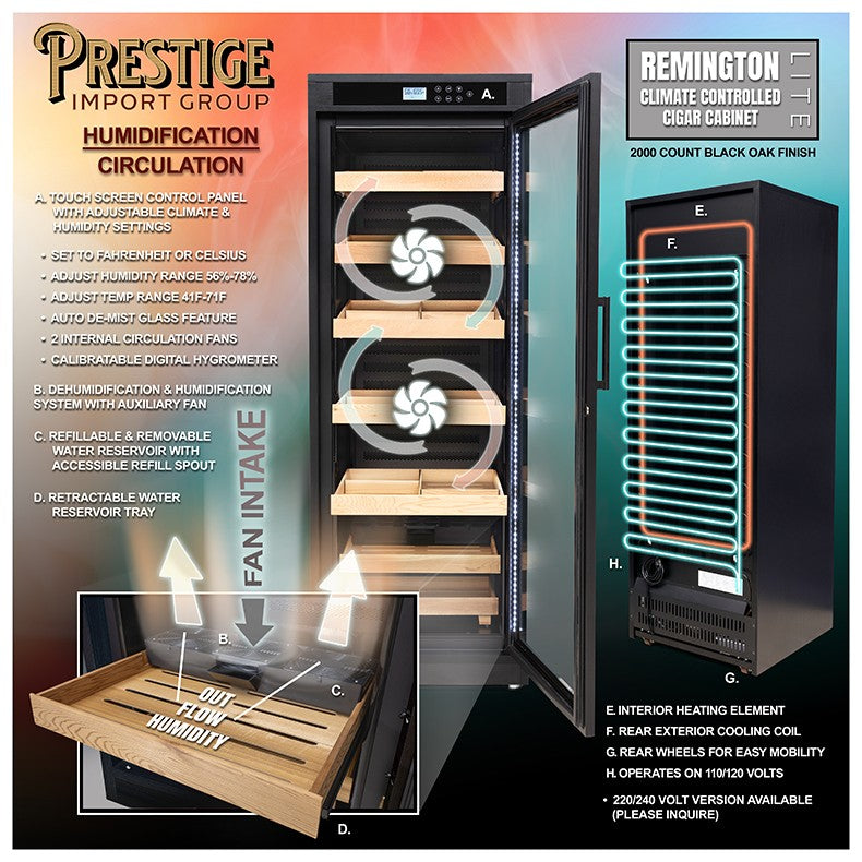Remington Lite Cigar Cabinet Humidor – 2,000 Count Electric Climate-Controlled Cabinet