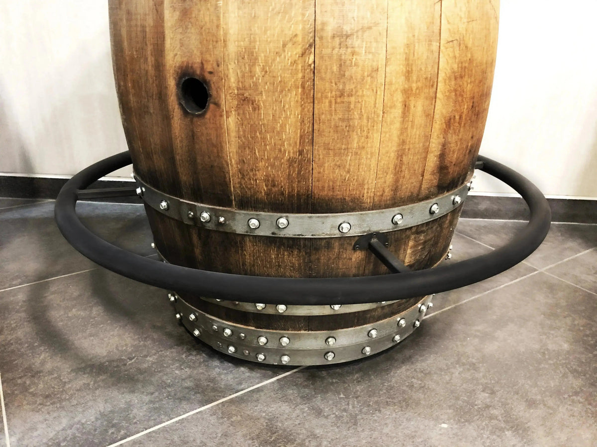 Whiskey & Wine Barrel Bistro Pub Set – 4 Stools, Glass Top & Foot Rail