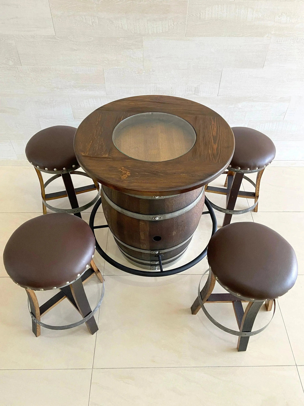 Whiskey & Wine Barrel Bistro Pub Set – 4 Stools, Glass Top & Foot Rail