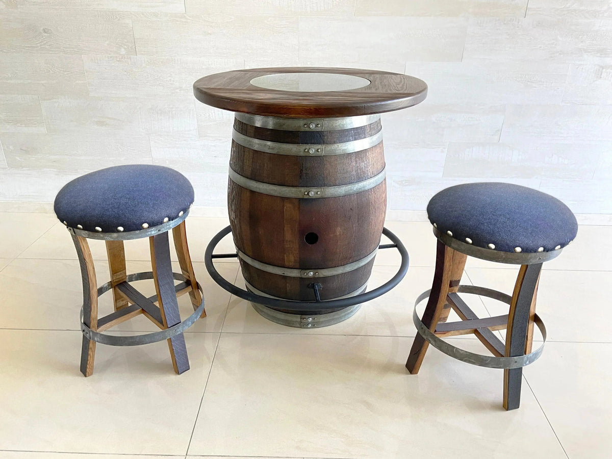 Whiskey & Wine Barrel Bistro Pub Set – 2 Stools, Glass Top & Foot Rail