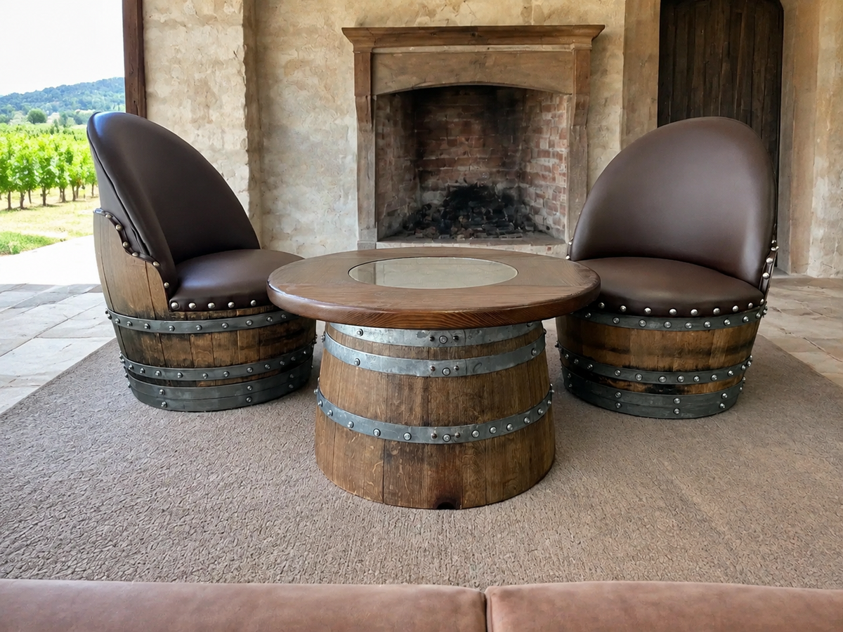 Whiskey &amp; Wine Barrel Half-Barrel Table Set – 2 Chairs