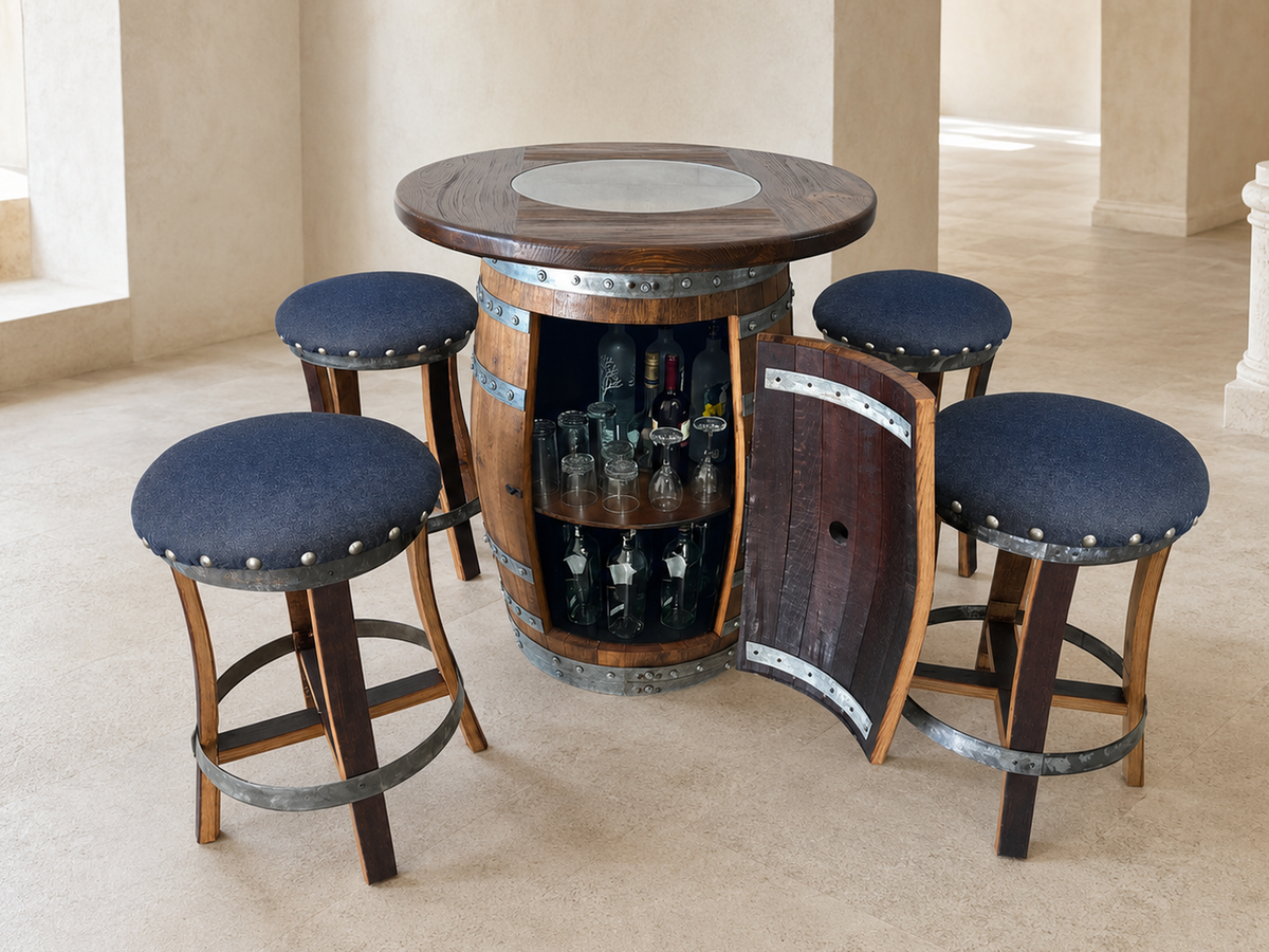 Whiskey &amp; Wine Barrel Pub Set – Limited Colorways, Glass Top &amp; Cabinet Storage