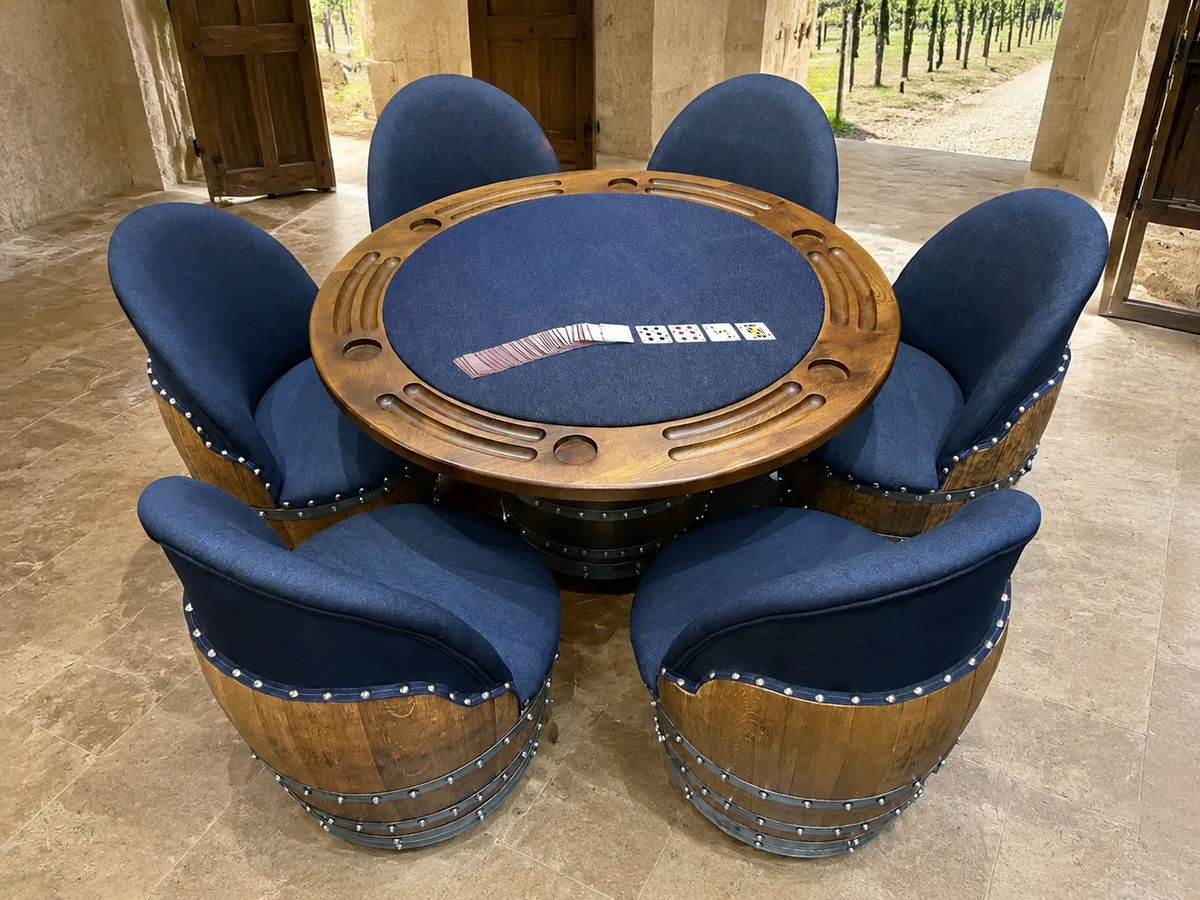 Whiskey &amp; Wine Barrel Game Table Set – Total Denim Limited Edition, 6 Chairs