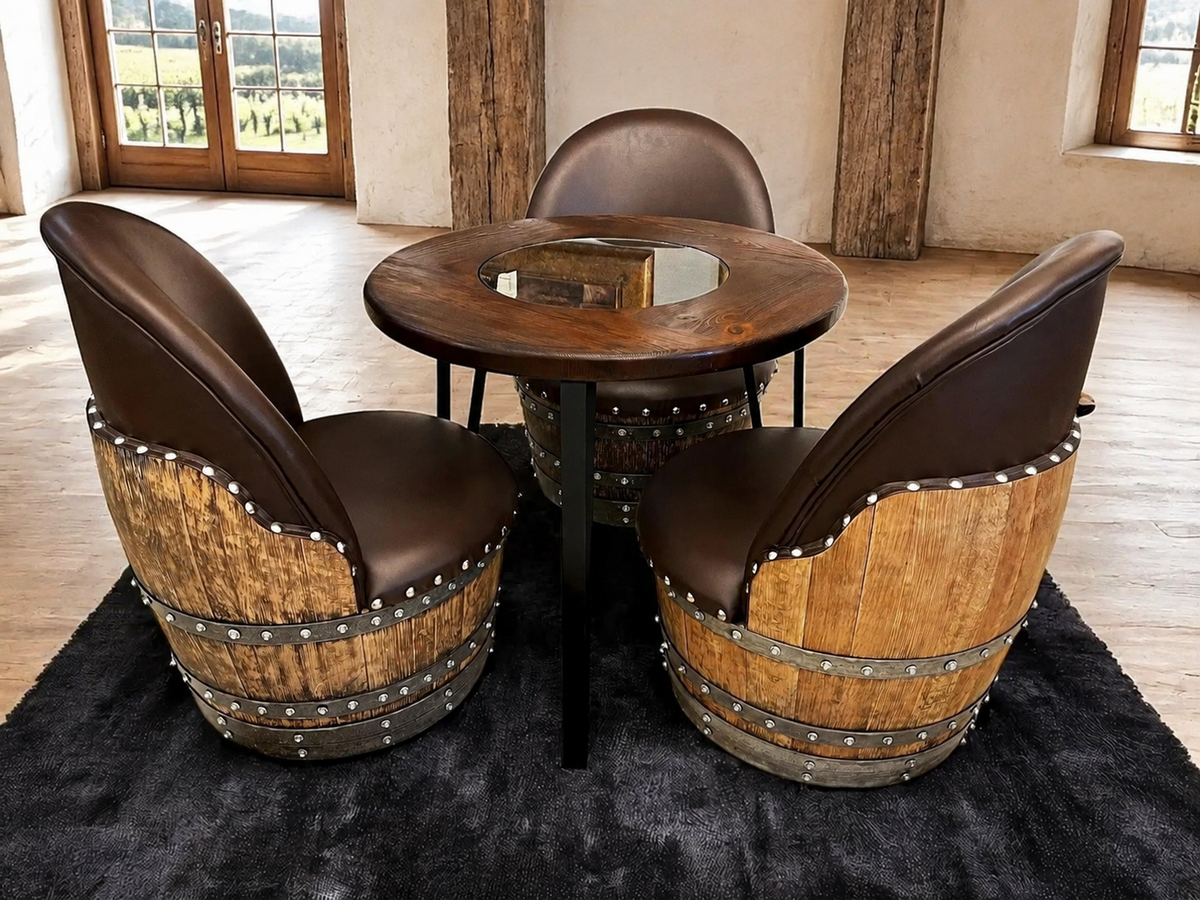 Whiskey &amp; Wine Barrel Steel-Leg Table Set – 3 Chairs, Modern Build