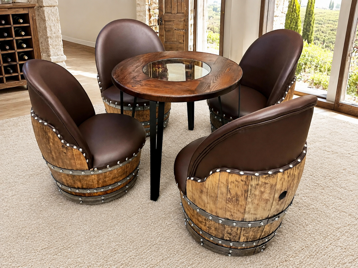 Whiskey &amp; Wine Barrel Steel-Leg Table Set – 4 Chairs, Modern Build