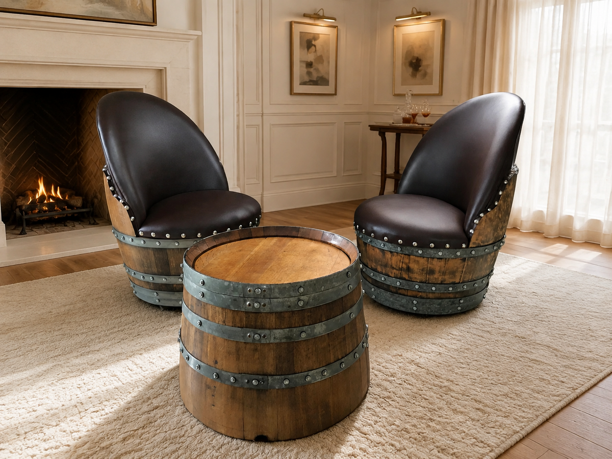 Whiskey &amp; Wine Barrel Coffee Table Set – 2 Chairs