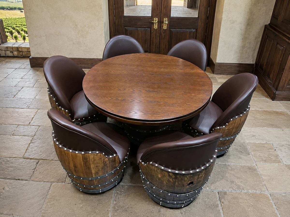 Whiskey &amp; Wine Barrel Game Table Set – 6 Chairs with Poker &amp; Dining Top