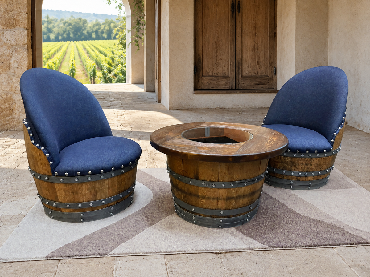 Whiskey &amp; Wine Barrel Half-Barrel Table Set – 2 Chairs