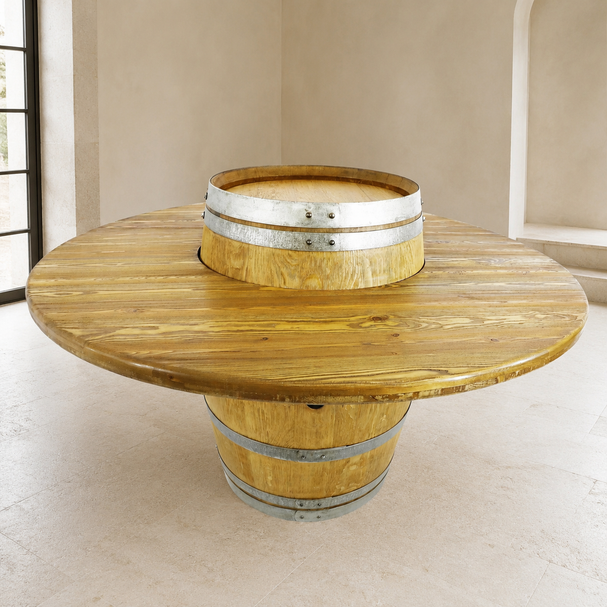 Whiskey &amp; Wine Barrel Dining Set – Convertible Table with 6 Barrel Chairs