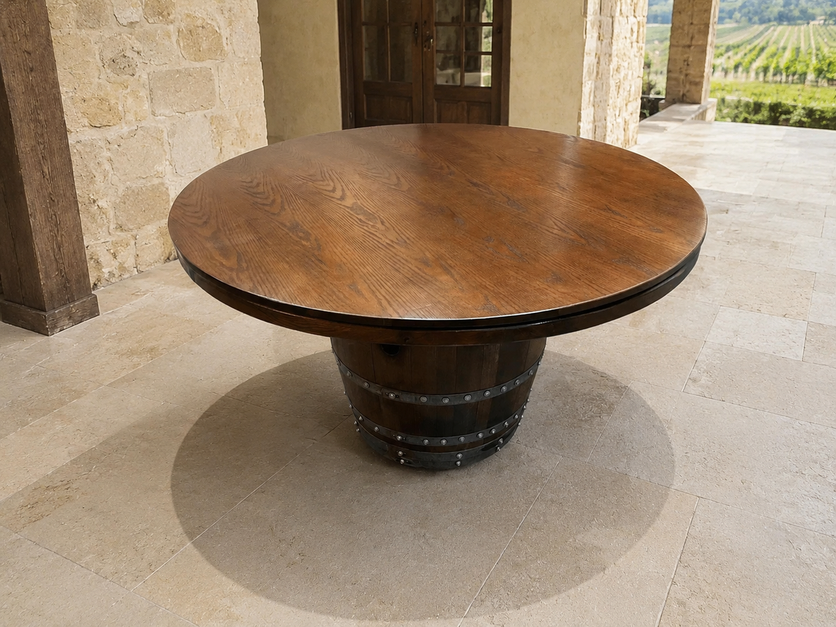 Whiskey &amp; Wine Barrel Game Table Set – Total Denim Limited Edition, 6 Chairs