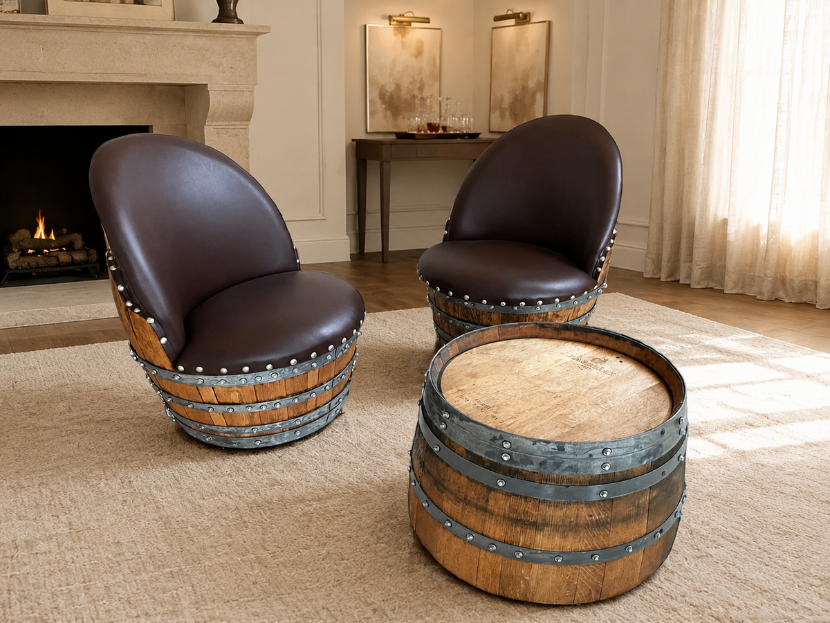 Whiskey &amp; Wine Barrel Coffee Table Set – 2 Chairs