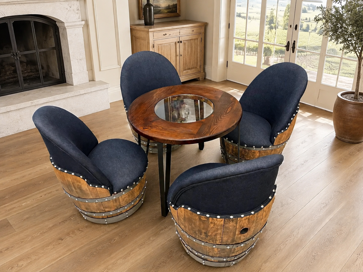 Whiskey &amp; Wine Barrel Steel-Leg Table Set – 4 Chairs, Modern Build