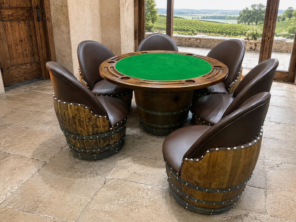 Whiskey &amp; Wine Barrel Game Table Set – 6 Chairs with Poker &amp; Dining Top