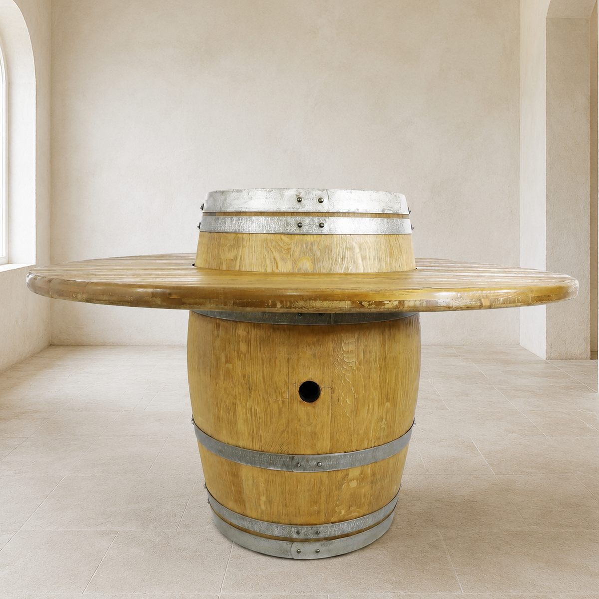 Whiskey &amp; Wine Barrel Dining Set – Convertible Table with 6 Barrel Chairs