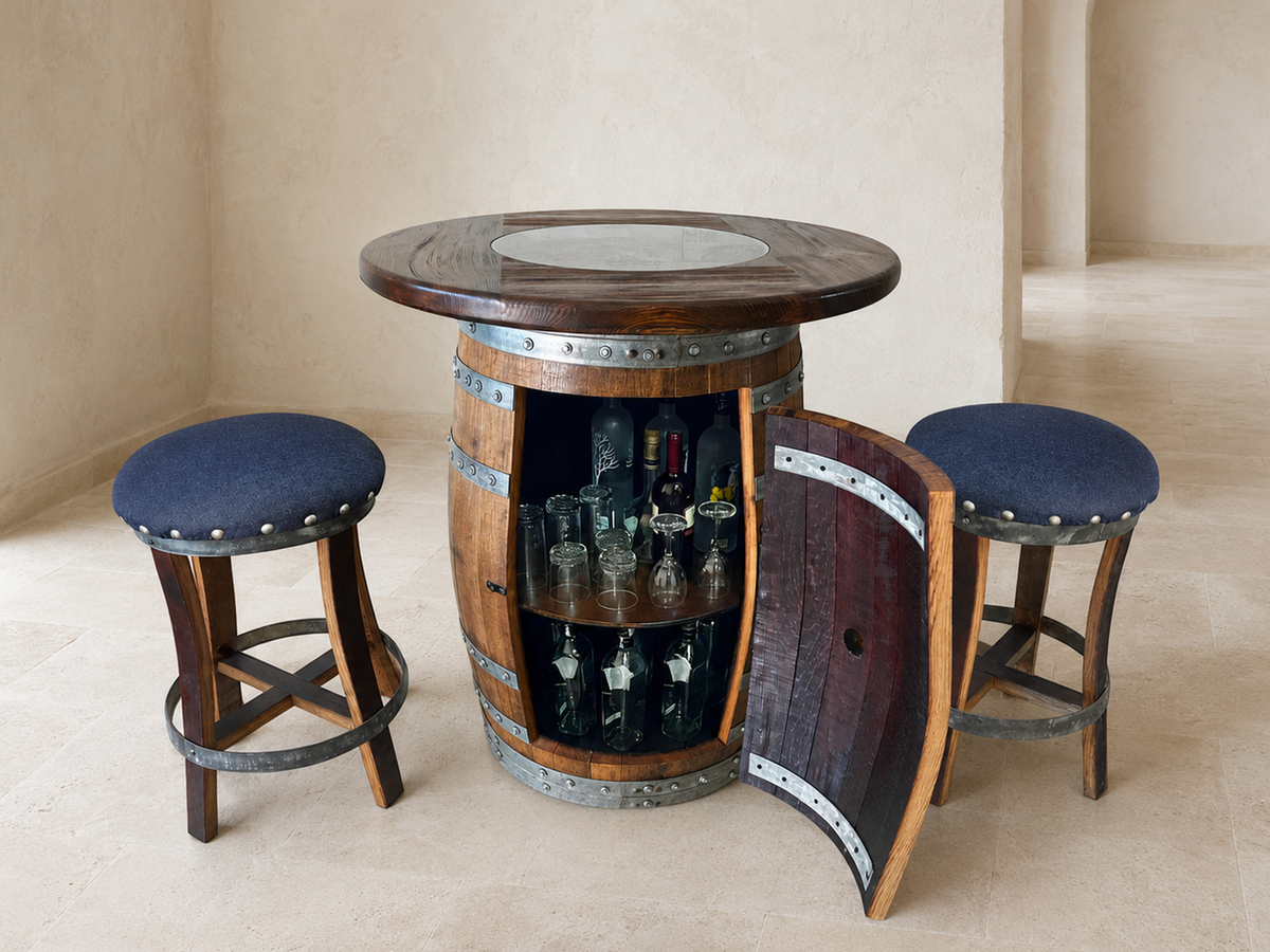 Whiskey &amp; Wine Barrel Pub Set – Limited Colorways, Glass Top &amp; Cabinet Storage
