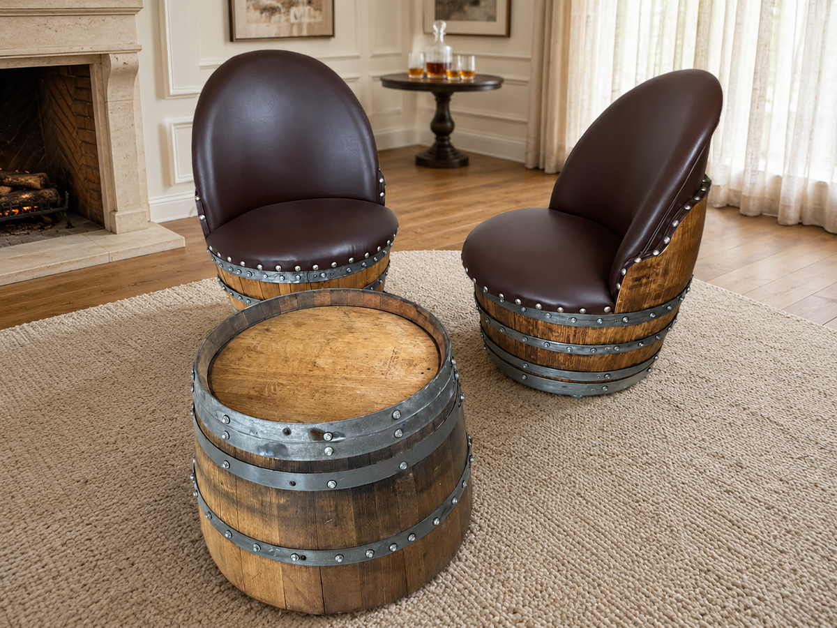 Whiskey &amp; Wine Barrel Coffee Table Set – 2 Chairs