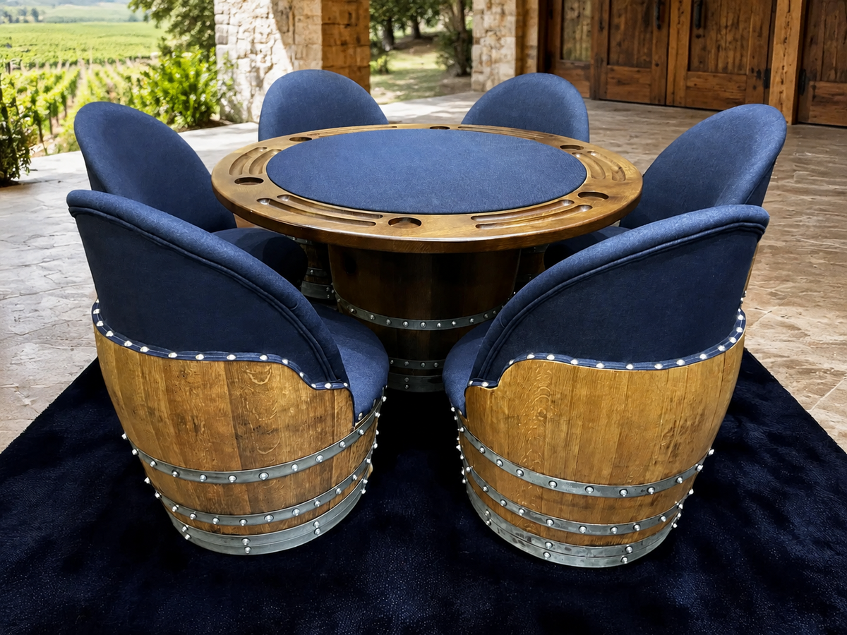 Whiskey &amp; Wine Barrel Game Table Set – Total Denim Limited Edition, 6 Chairs