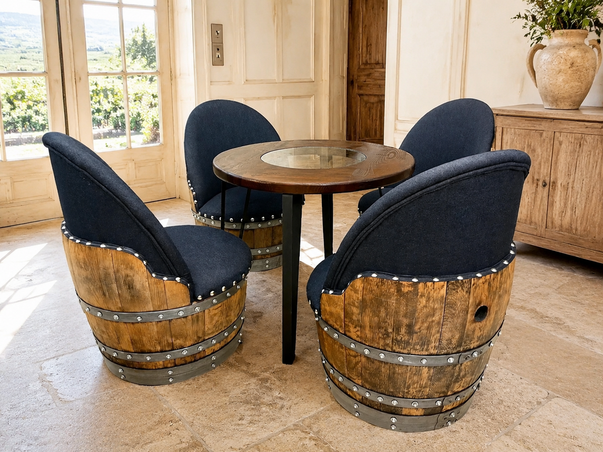 Whiskey &amp; Wine Barrel Steel-Leg Table Set – 4 Chairs, Modern Build