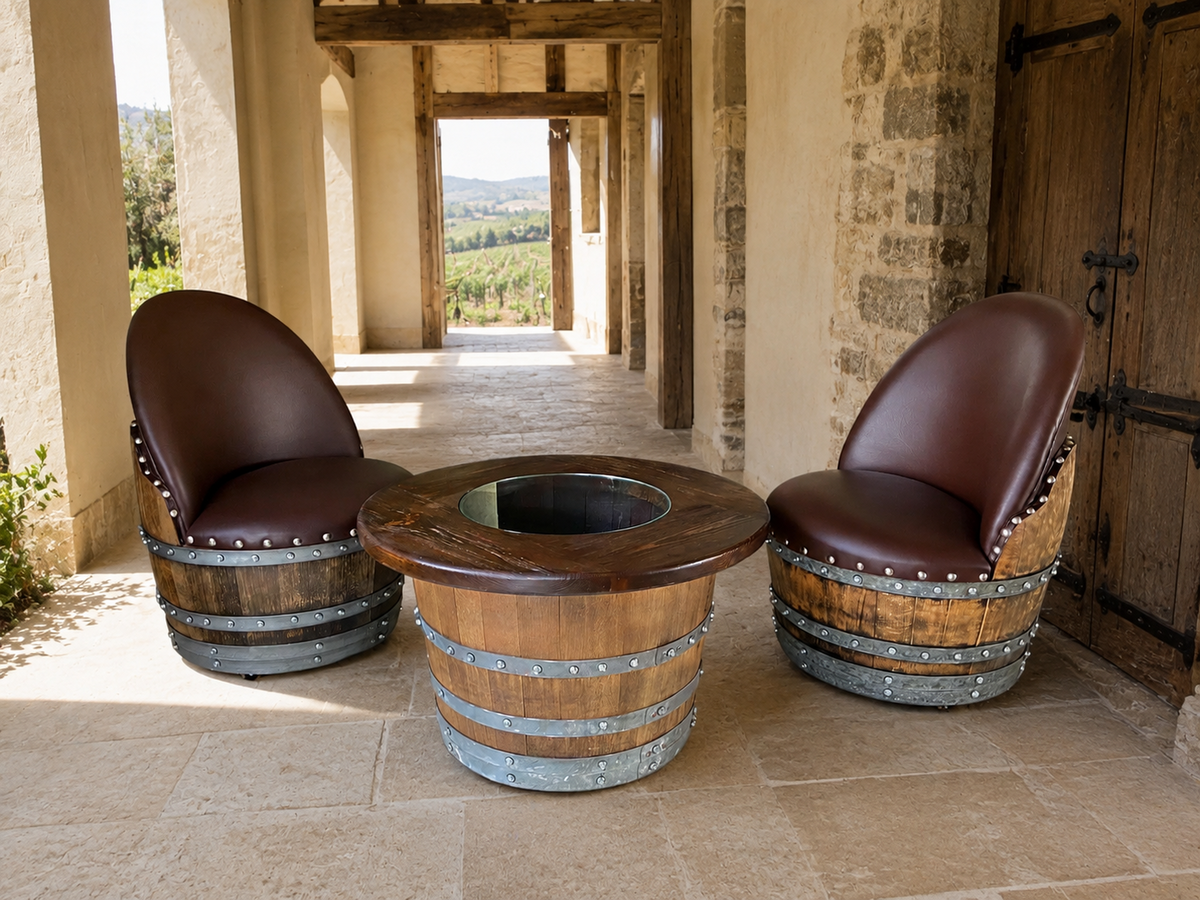 Whiskey &amp; Wine Barrel Half-Barrel Table Set – 2 Chairs