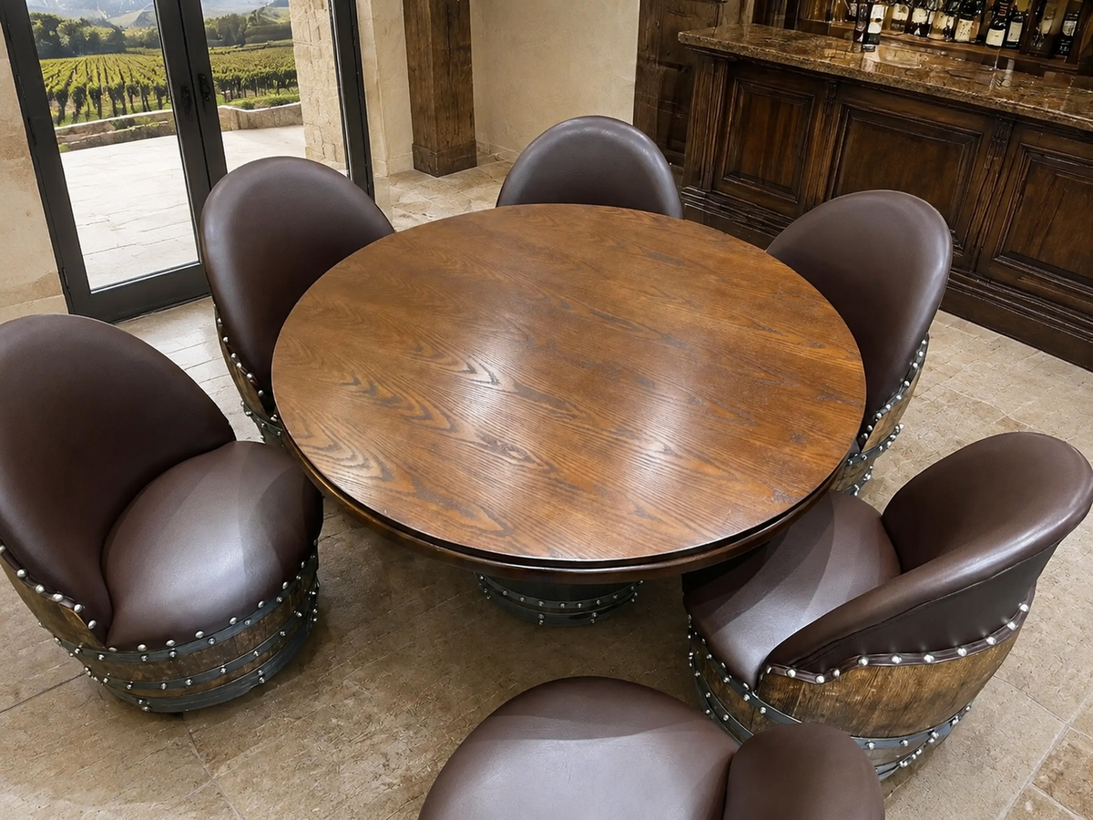 Whiskey &amp; Wine Barrel Game Table Set – 6 Chairs with Poker &amp; Dining Top