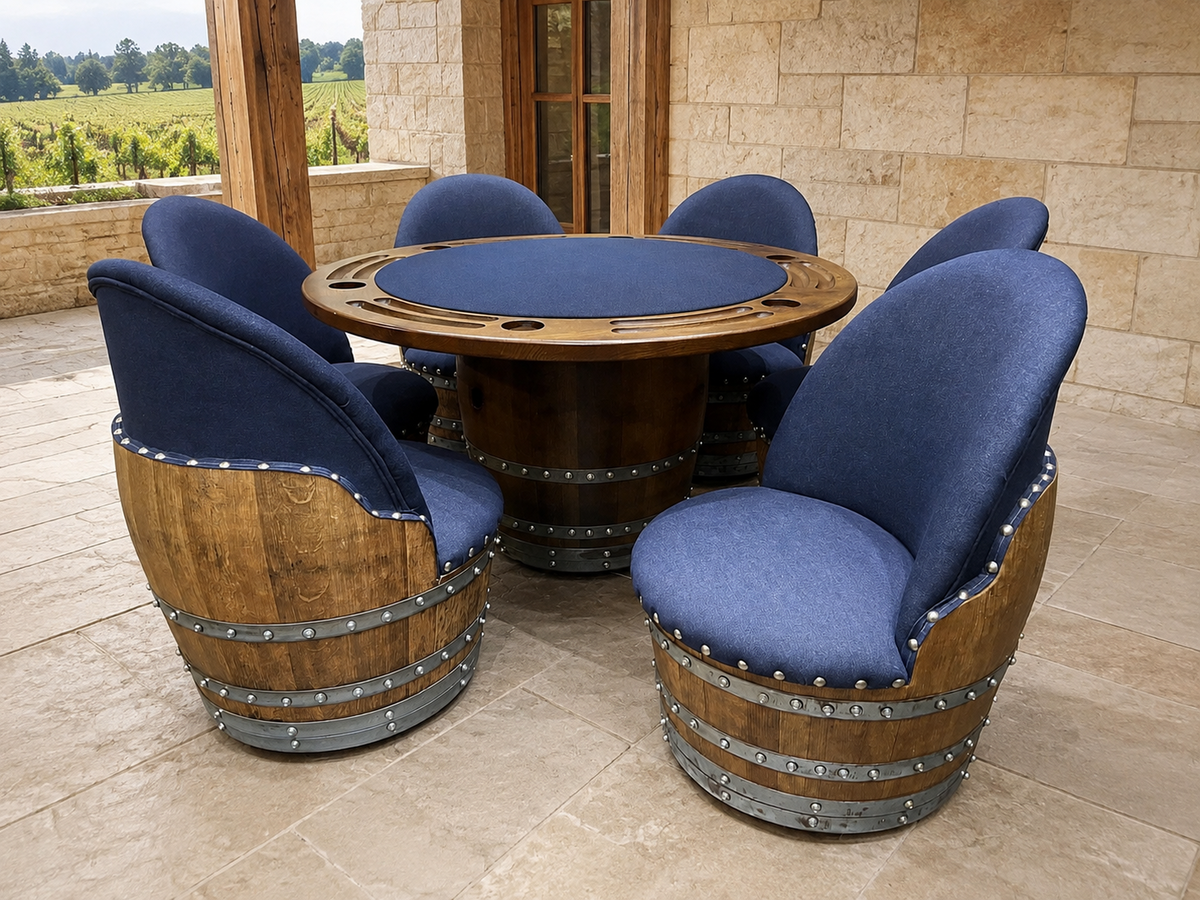 Whiskey &amp; Wine Barrel Game Table Set – Total Denim Limited Edition, 6 Chairs