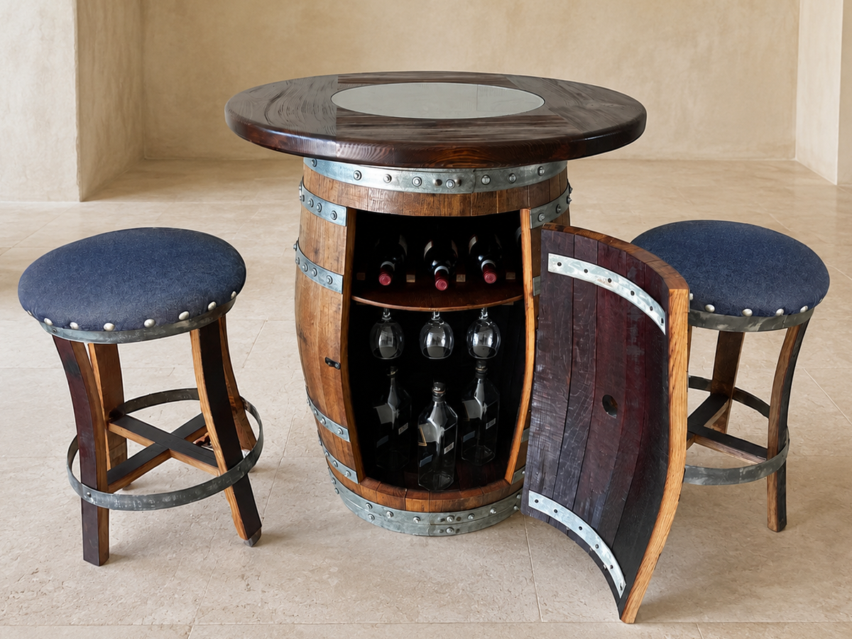 Whiskey &amp; Wine Barrel Pub Set – Limited Colorways, Glass Top &amp; Cabinet Storage