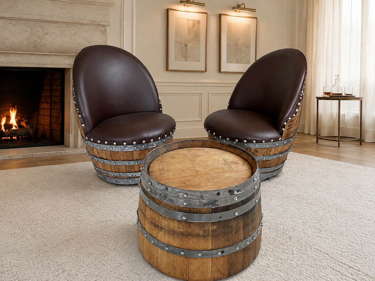 Whiskey &amp; Wine Barrel Coffee Table Set – 2 Chairs
