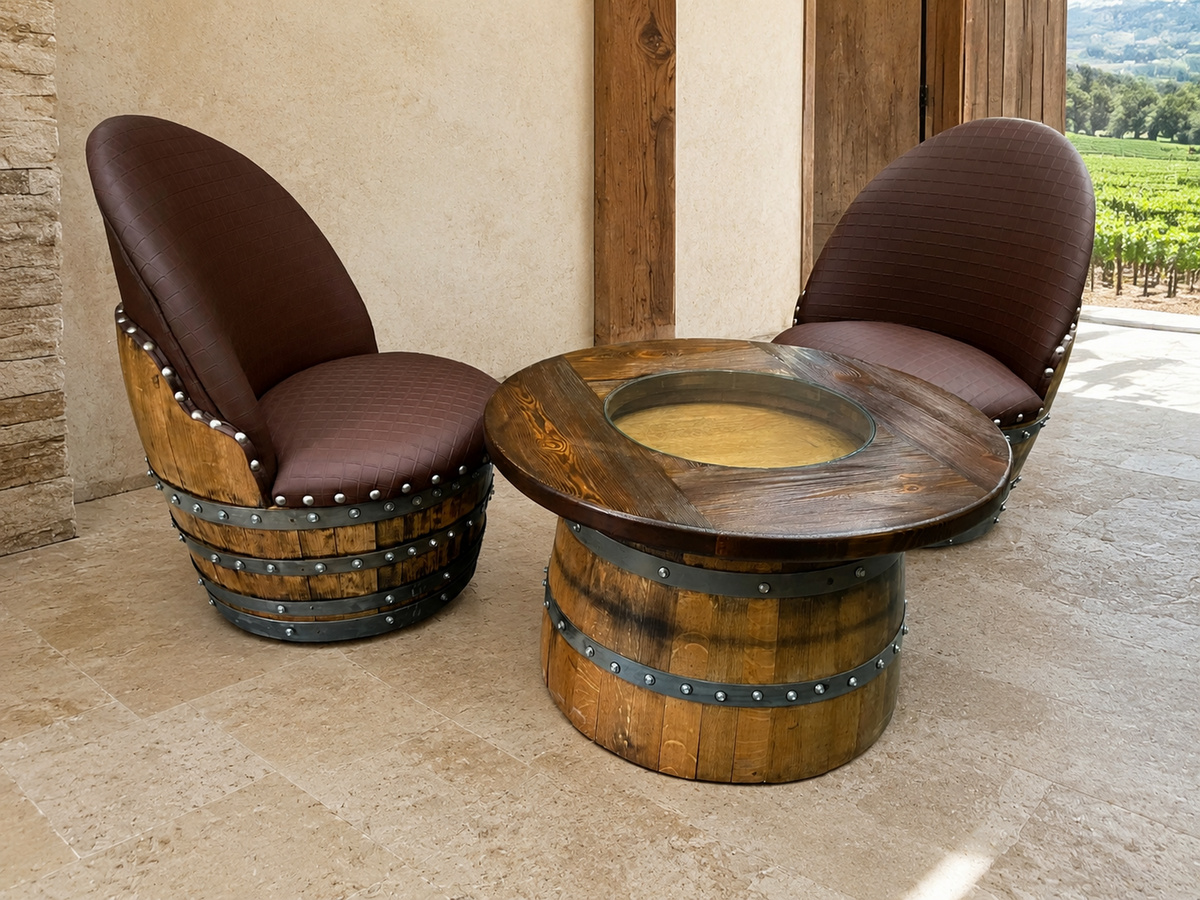 Whiskey &amp; Wine Barrel Half-Barrel Table Set – 2 Chairs