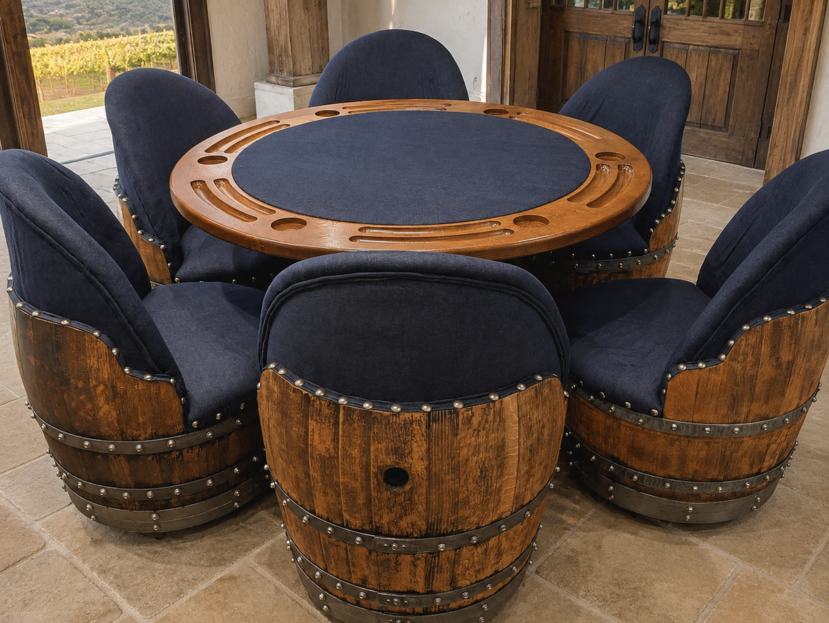 Whiskey &amp; Wine Barrel Game Table Set – Total Denim Limited Edition, 6 Chairs