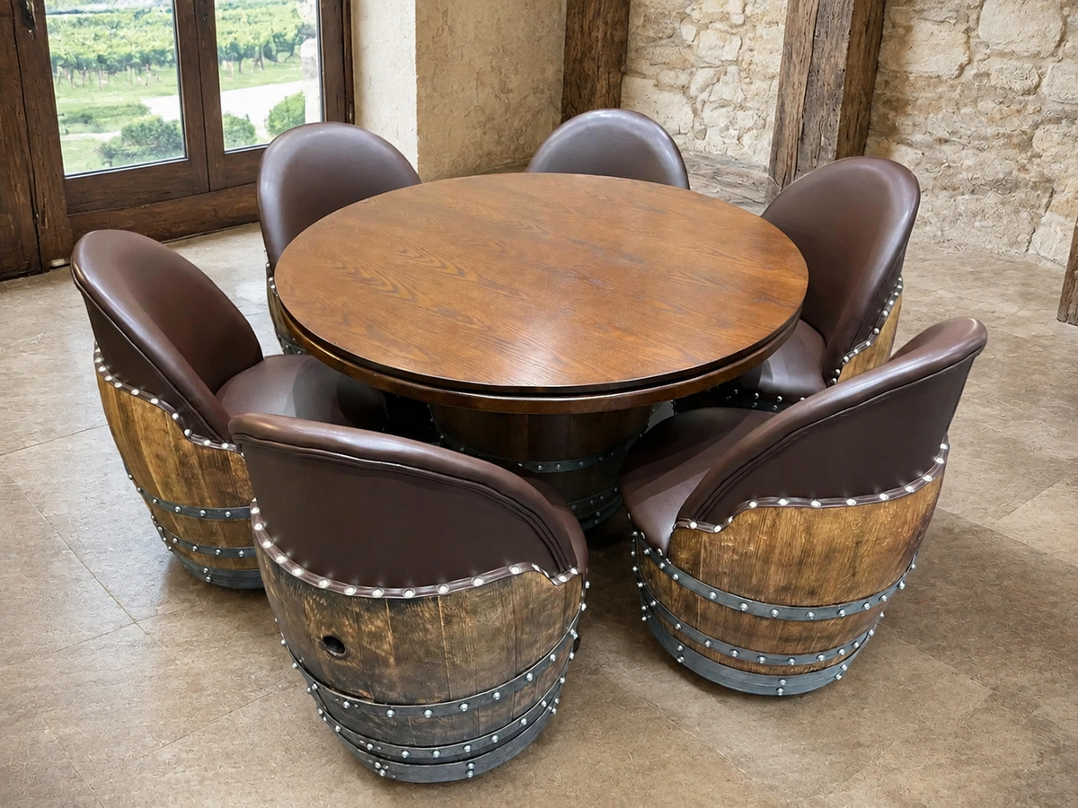 Whiskey &amp; Wine Barrel Game Table Set – 6 Chairs with Poker &amp; Dining Top