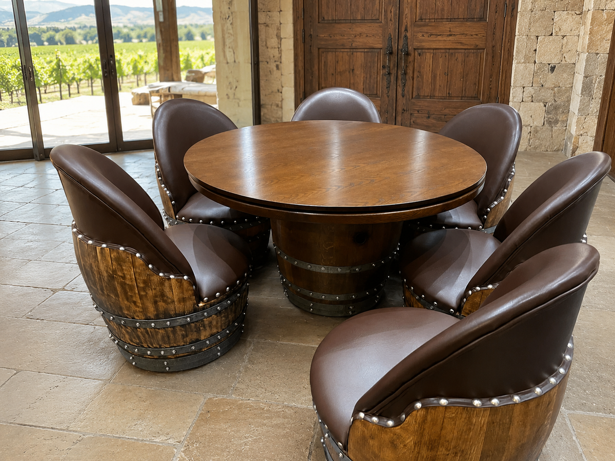 Whiskey &amp; Wine Barrel Game Table Set – 6 Chairs with Poker &amp; Dining Top