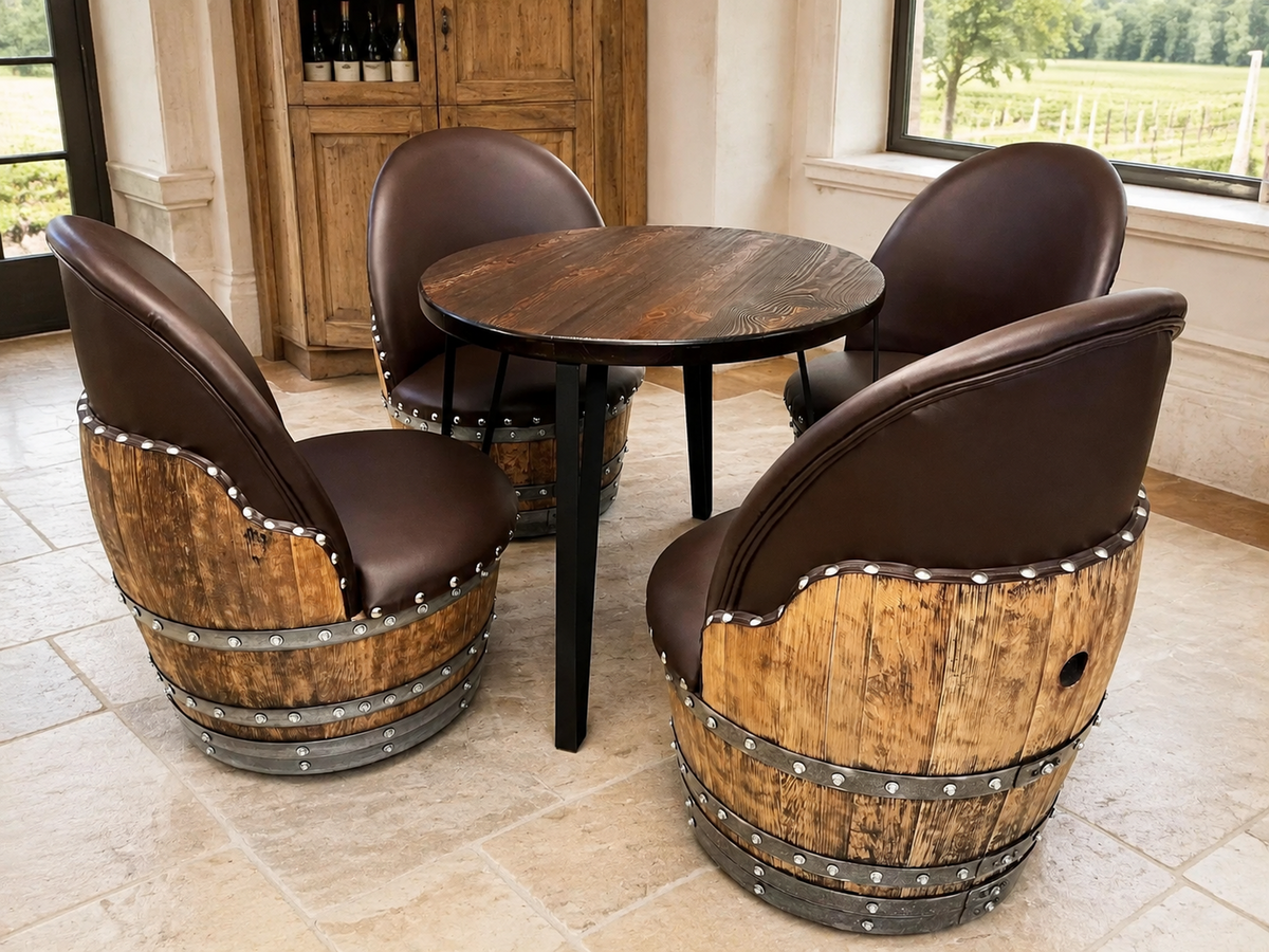 Whiskey &amp; Wine Barrel Steel-Leg Table Set – 4 Chairs, Modern Build
