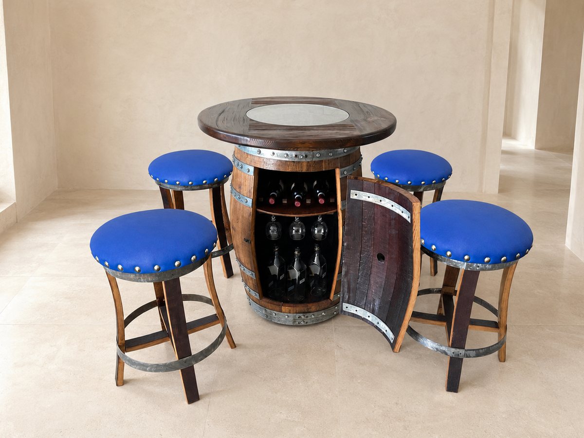 Whiskey &amp; Wine Barrel Pub Set – Limited Colorways, Glass Top &amp; Cabinet Storage