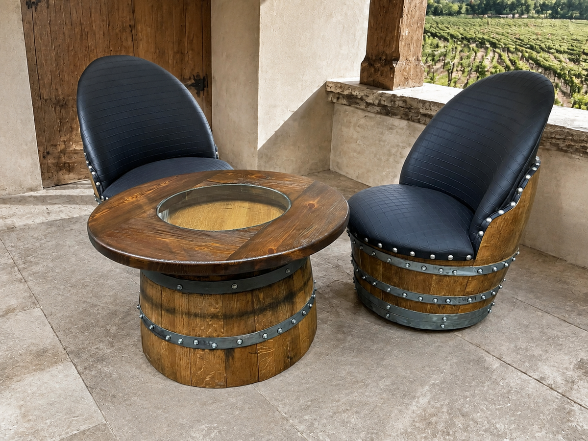 Whiskey &amp; Wine Barrel Half-Barrel Table Set – 2 Chairs